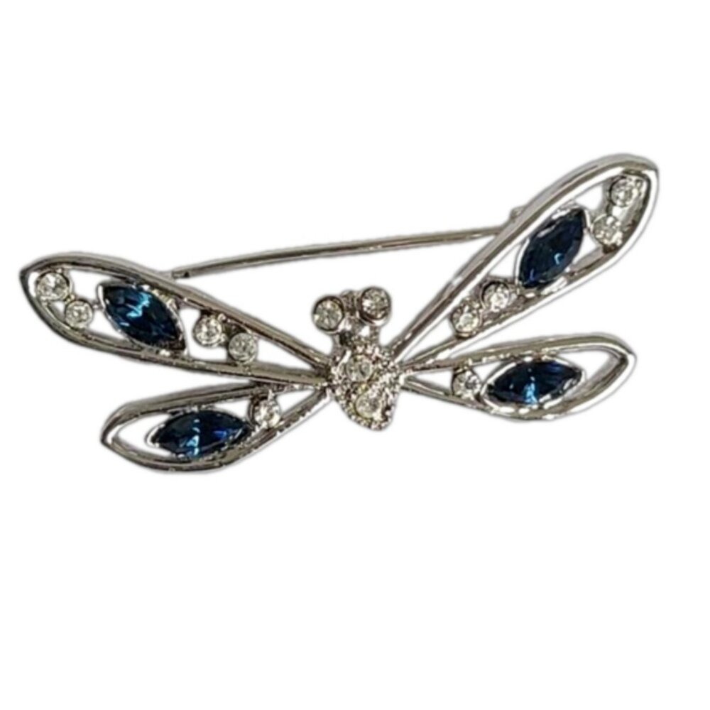 Vintage Boho Silver Butterfly SWAROVSKI Blue and White Crystal Brooch Pin